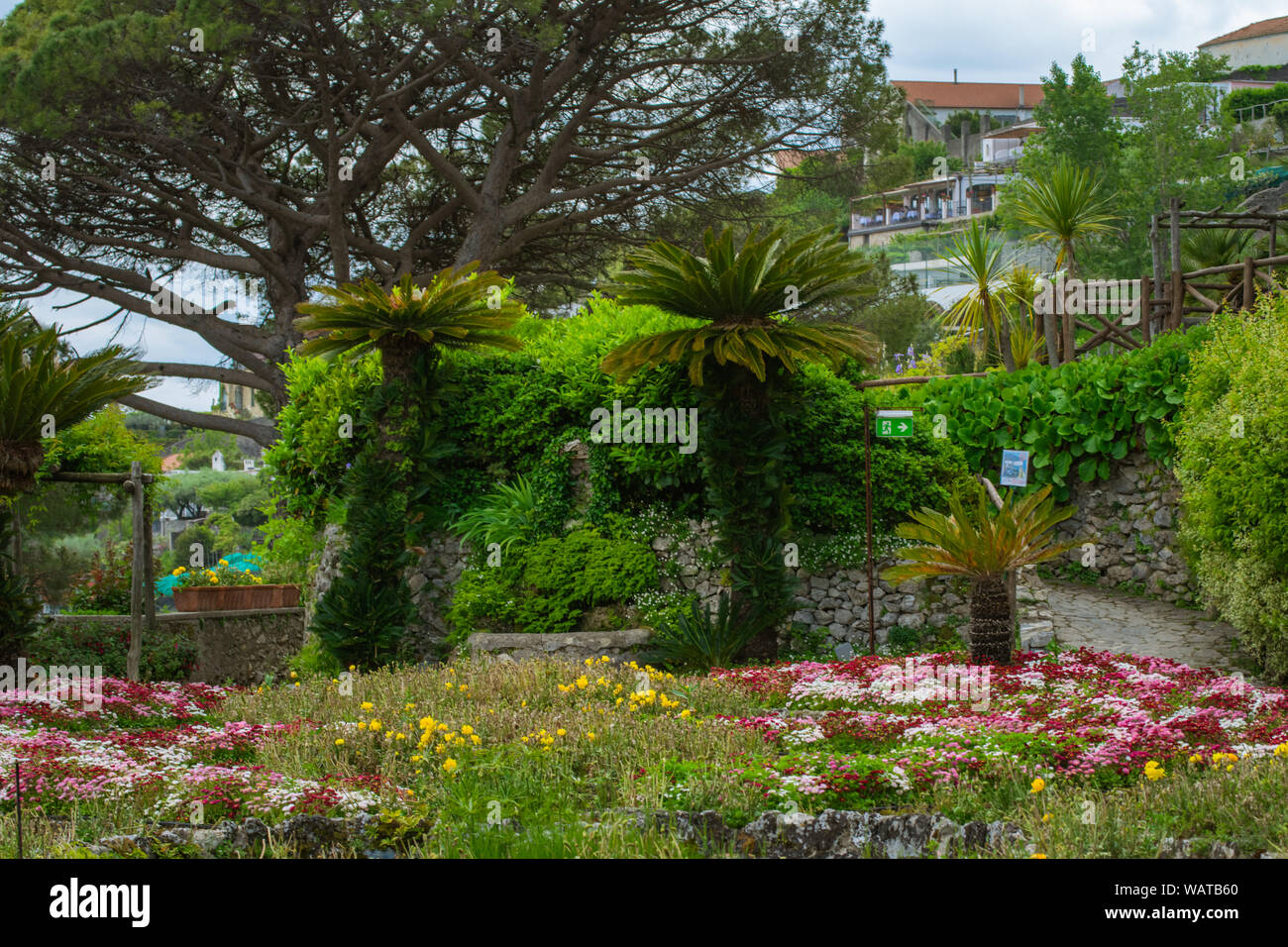Colorful flowers in the garden of Villa Rufolo, historic center of Ravello, Amalfi Coast of Italy Stock Photo