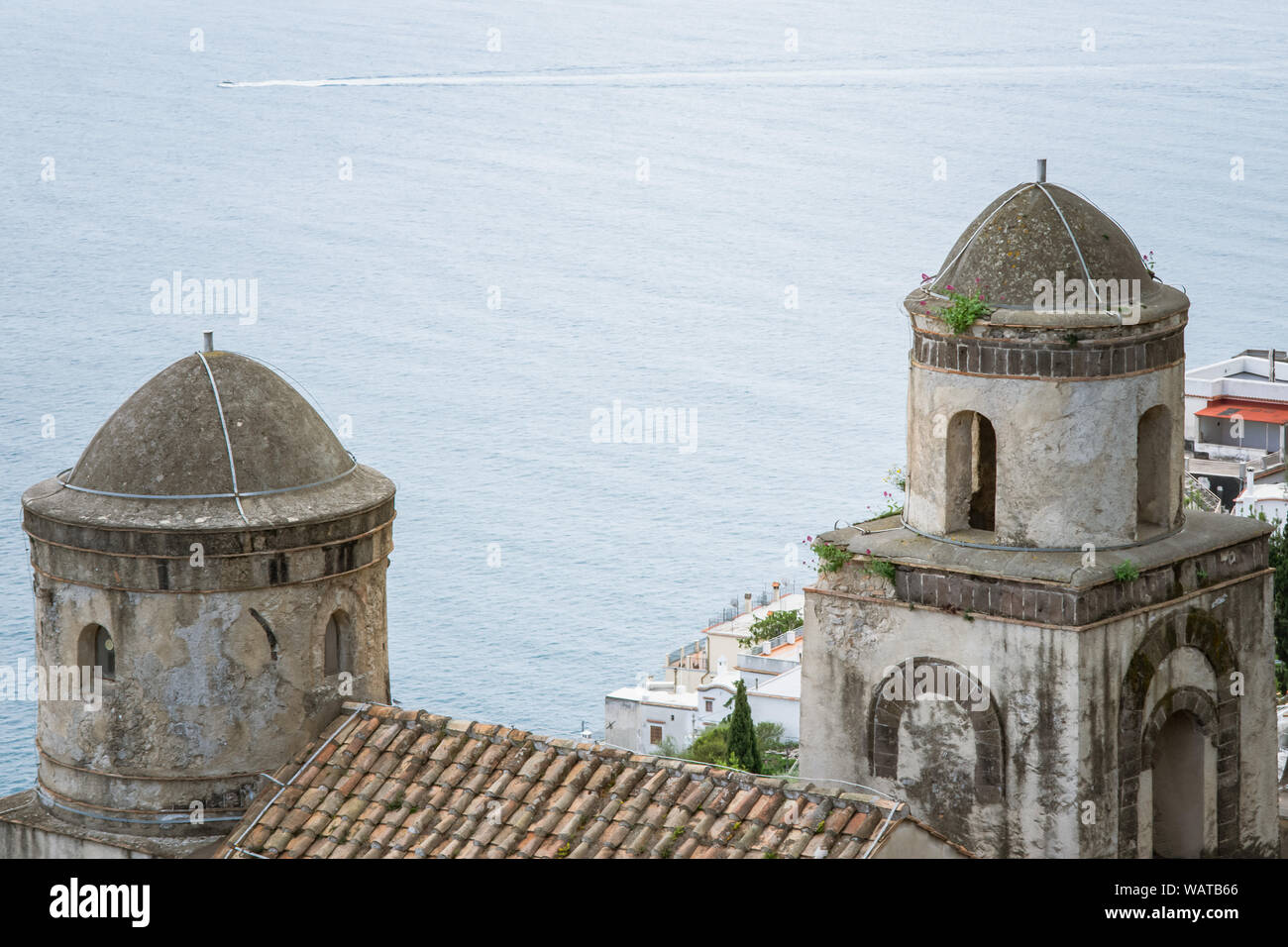 The Church of SS Annunziata from Villa Rufolo built above the sea, historic center of Ravello, Amalfi Coast of Italy Stock Photo