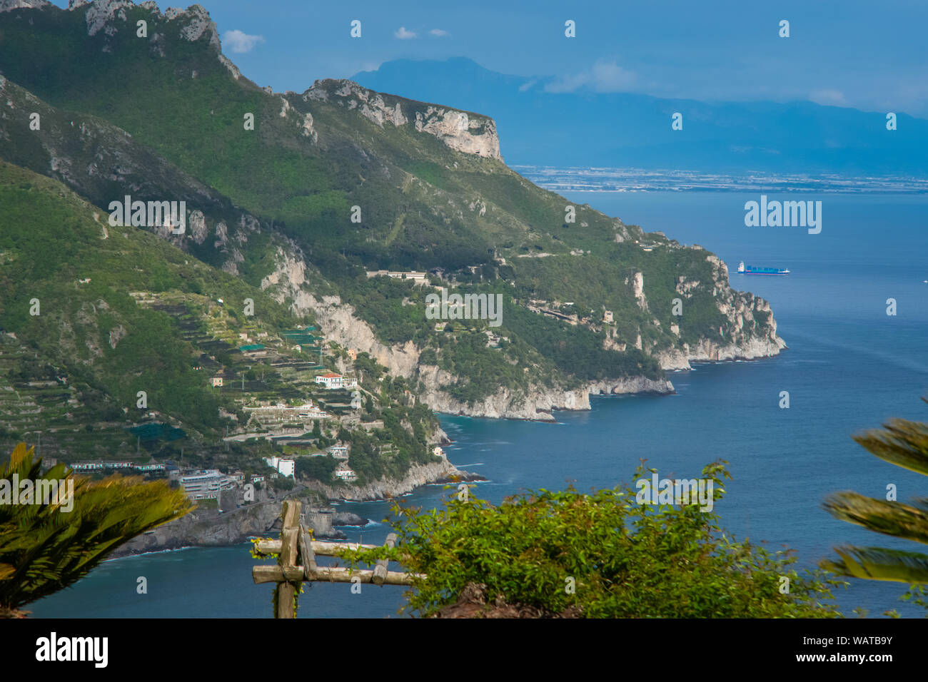 Sea and Mountains view from the Garden of Villa Rufolo, historic center of Ravello, Amalfi Coast of Italy Stock Photo