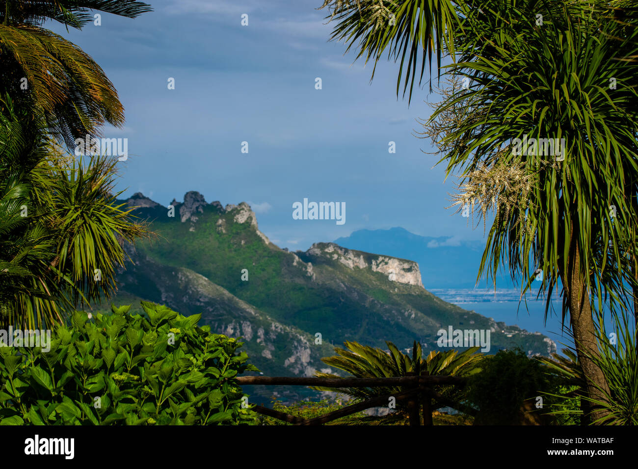 Sea and Mountains view from the Garden of Villa Rufolo, historic center of Ravello, Amalfi Coast of Italy Stock Photo