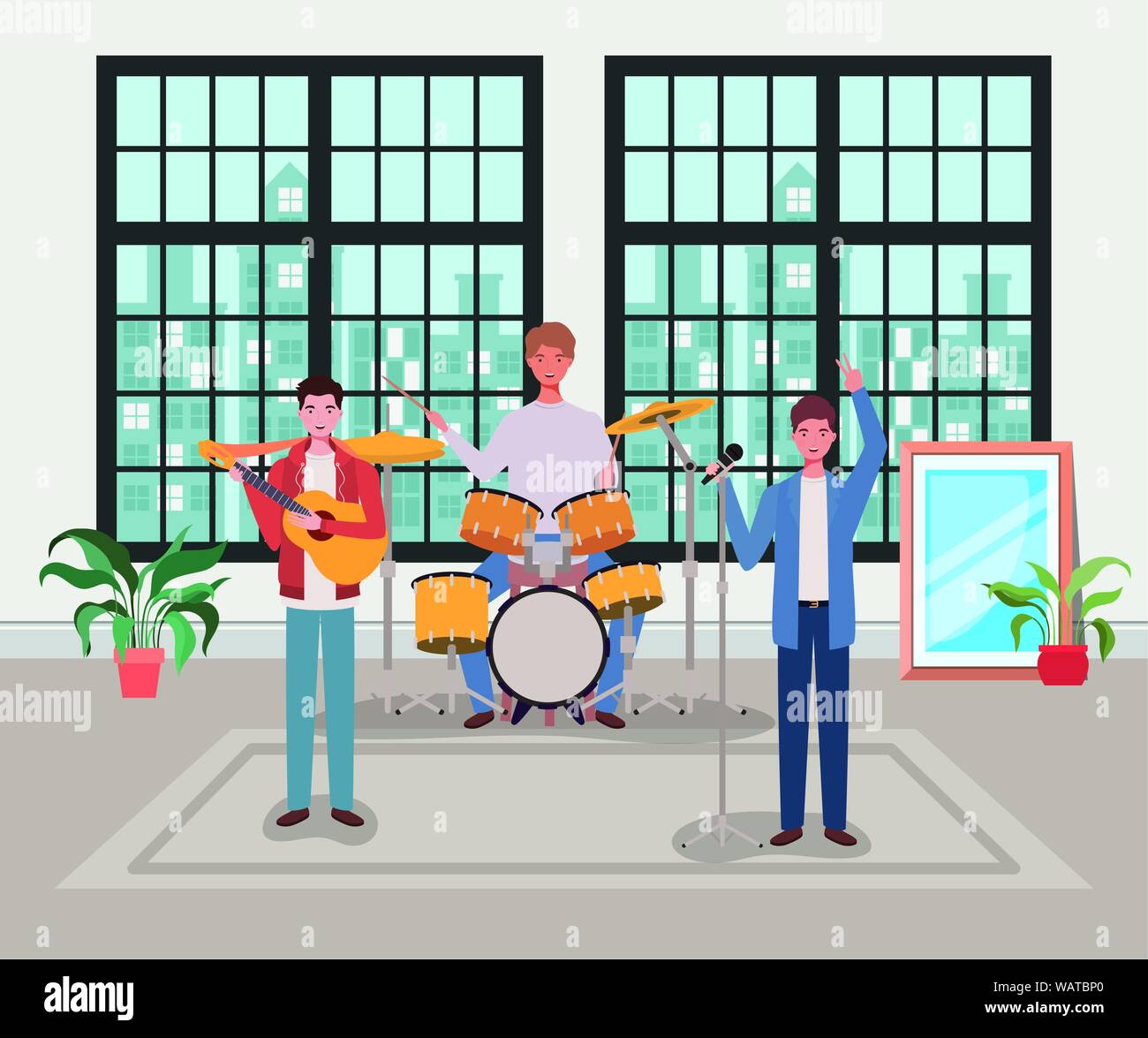 group of men playing instruments in the room Stock Vector Image & Art ...