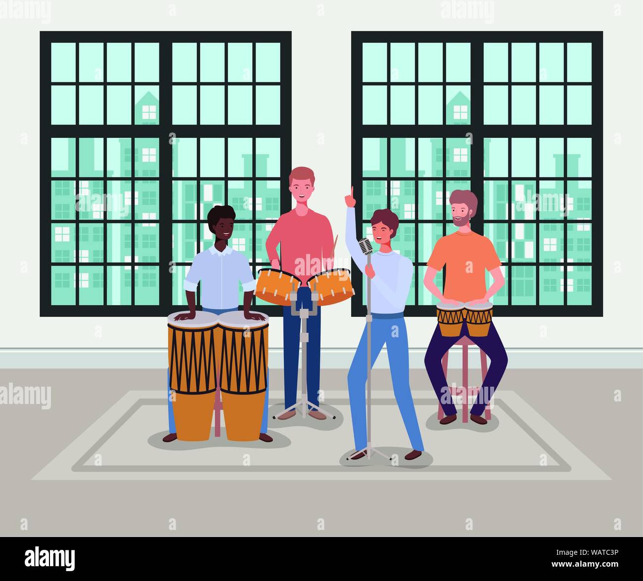 group of men playing instruments in the room Stock Vector Image & Art ...