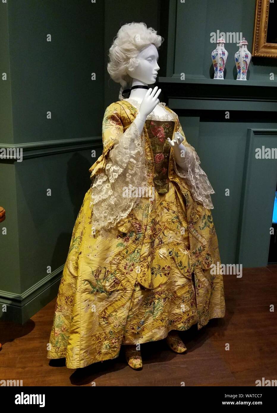 Dress and petticoat, England, c. 1745, restyled c. 1760, silk, with stomacher, early 1700s, silk and line, and ruffles, France, c. 1770, silk Stock Photo