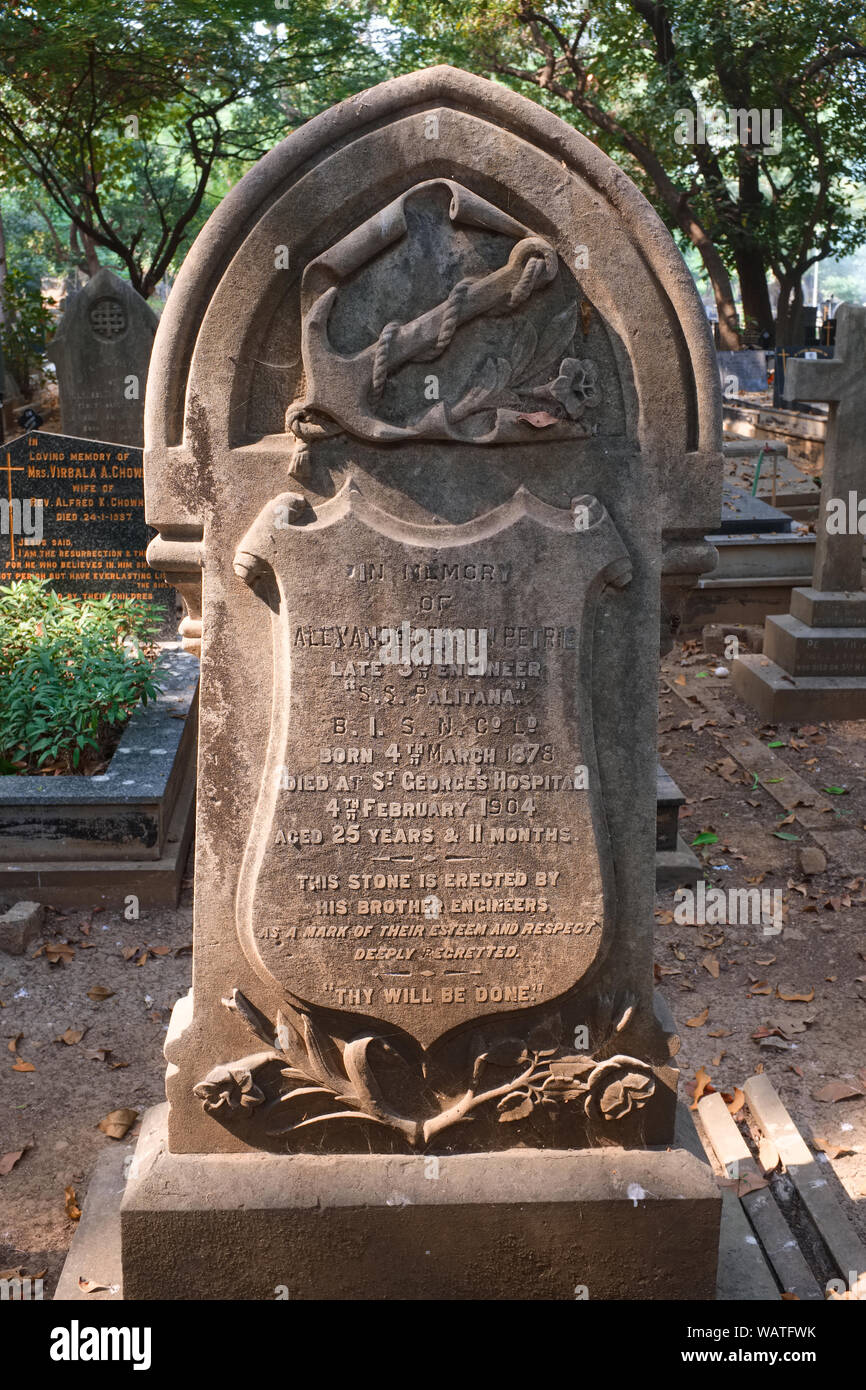 A gravestone at the Christian Cemetery in Sewri, Mumbai, India, many of