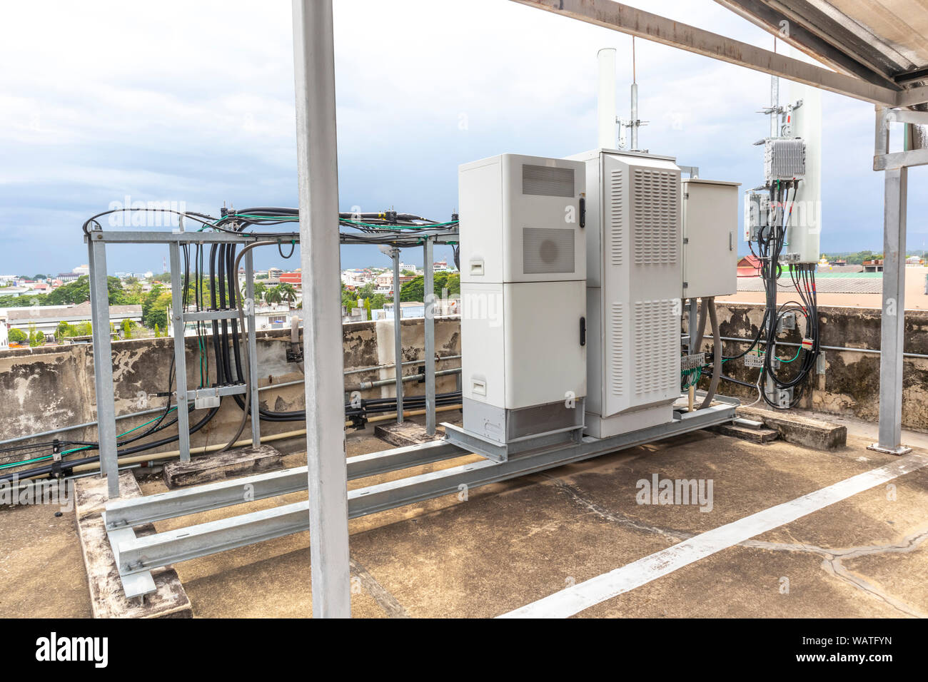 5G smart mobile telephone radio network antenna base station. Transmitter connection system at