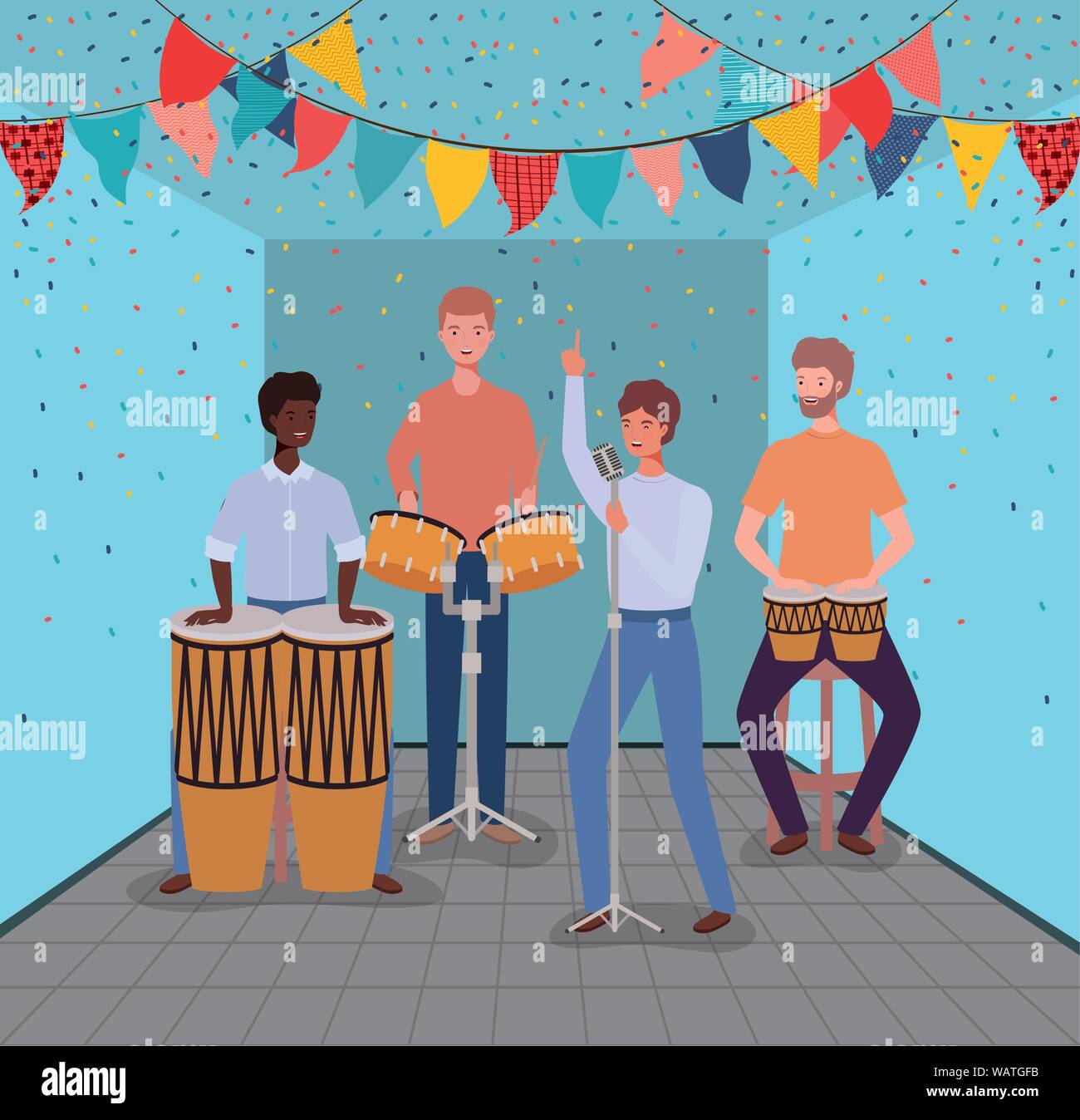 group of men playing instruments in the room Stock Vector Image & Art ...