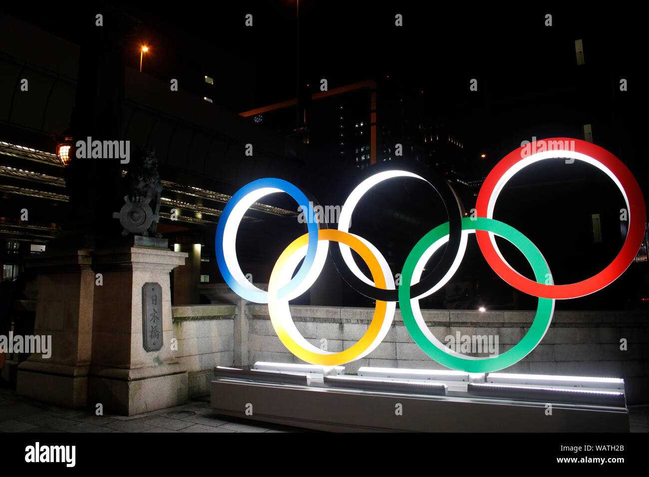The Olympic rings are displayed on the Nihonbashi bridge marked one year away from the Olympic and Paralympic Games Tokyo 2020. Nihonbashi, Tokyo. Stock Photo