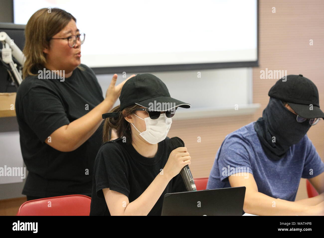 Hong Kong. 22nd Aug, 2019. The 7th Citizens' Press Conference. Where anti extradition bill protesters discussed 'Surveillance City: Hong Kong' and 'public opinion survey tolls the death knell of the government administration' Credit: David Coulson/Alamy Live News Stock Photo