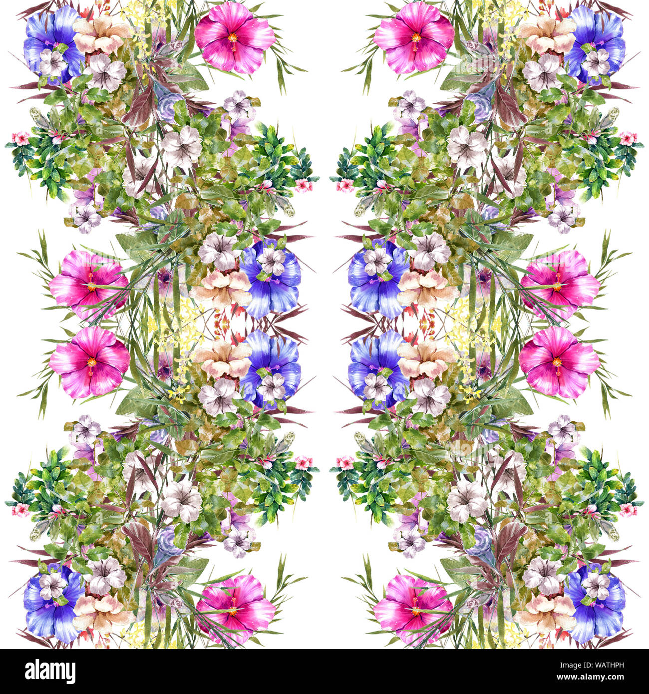 Watercolor painting of leaf and flowers, seamless pattern on white ...