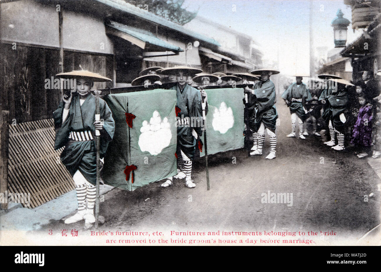 [ 1900s Japan - Japanese Bride's Trousseau ] —   Men in special dress carry a new bride’s furniture and belongings from her parental home to the groom’s family home.   Until the late 21st century it was customary to move new furniture ceremoniously to a newly married couple’s home.  20th century vintage postcard. Stock Photo