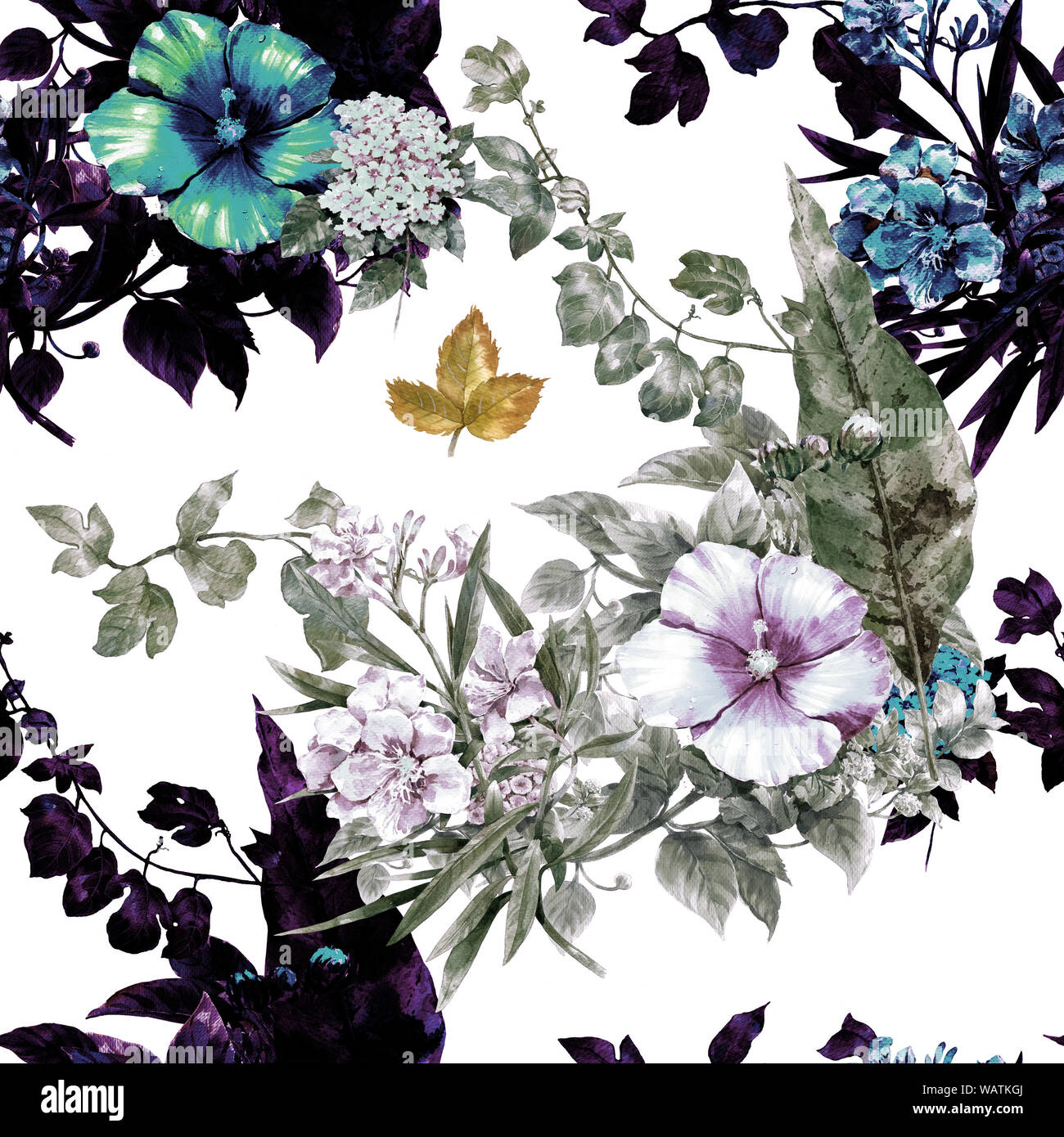 Watercolor painting of leaf and flowers, seamless pattern on white ...