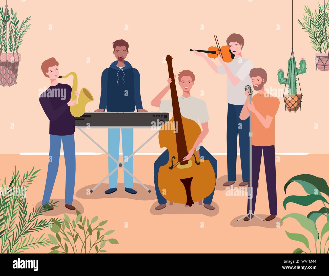 group of men playing instruments in the garden Stock Vector Image & Art ...
