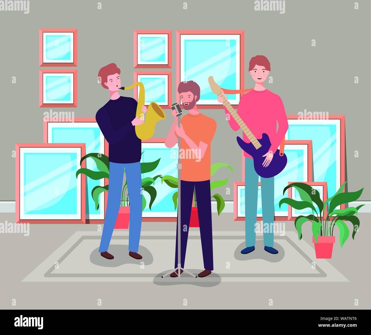 group of men playing instruments in the room Stock Vector Image & Art ...
