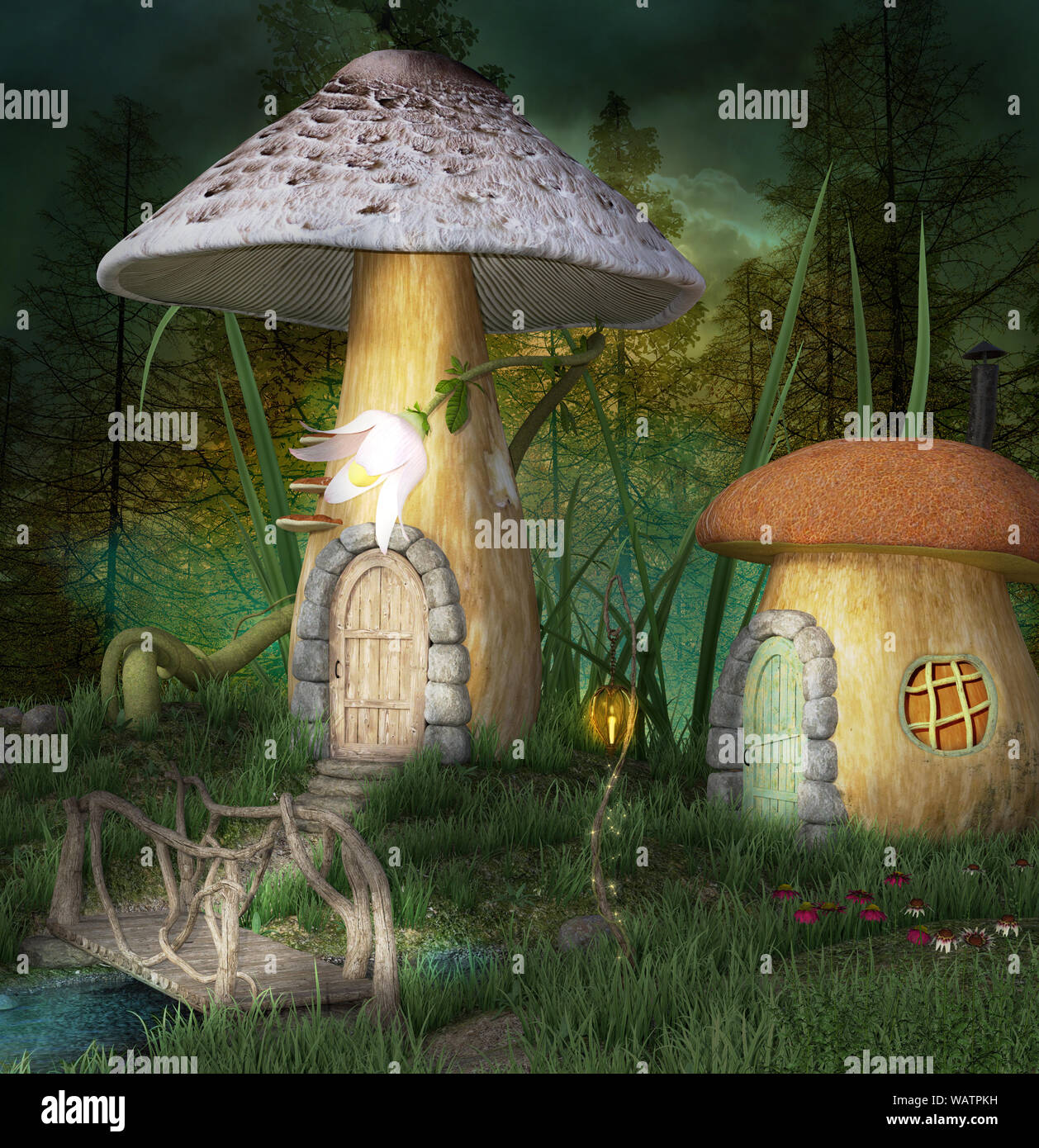 Fantasy elf village in a foggy forest Stock Photo