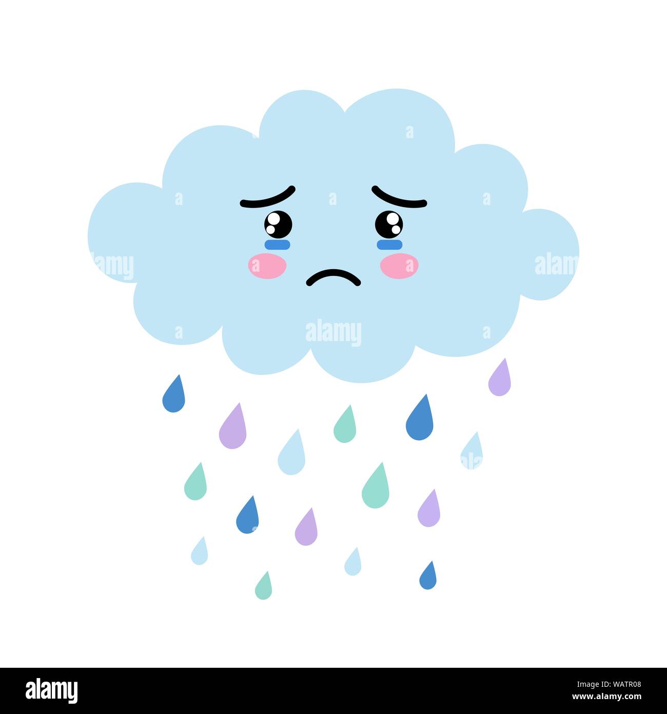 Cute cartoon kawaii blue cloud with rain drops with sad face emotion. Weeping cloud vector illustration for posters, cards or t-shirt prints. Stock Vector