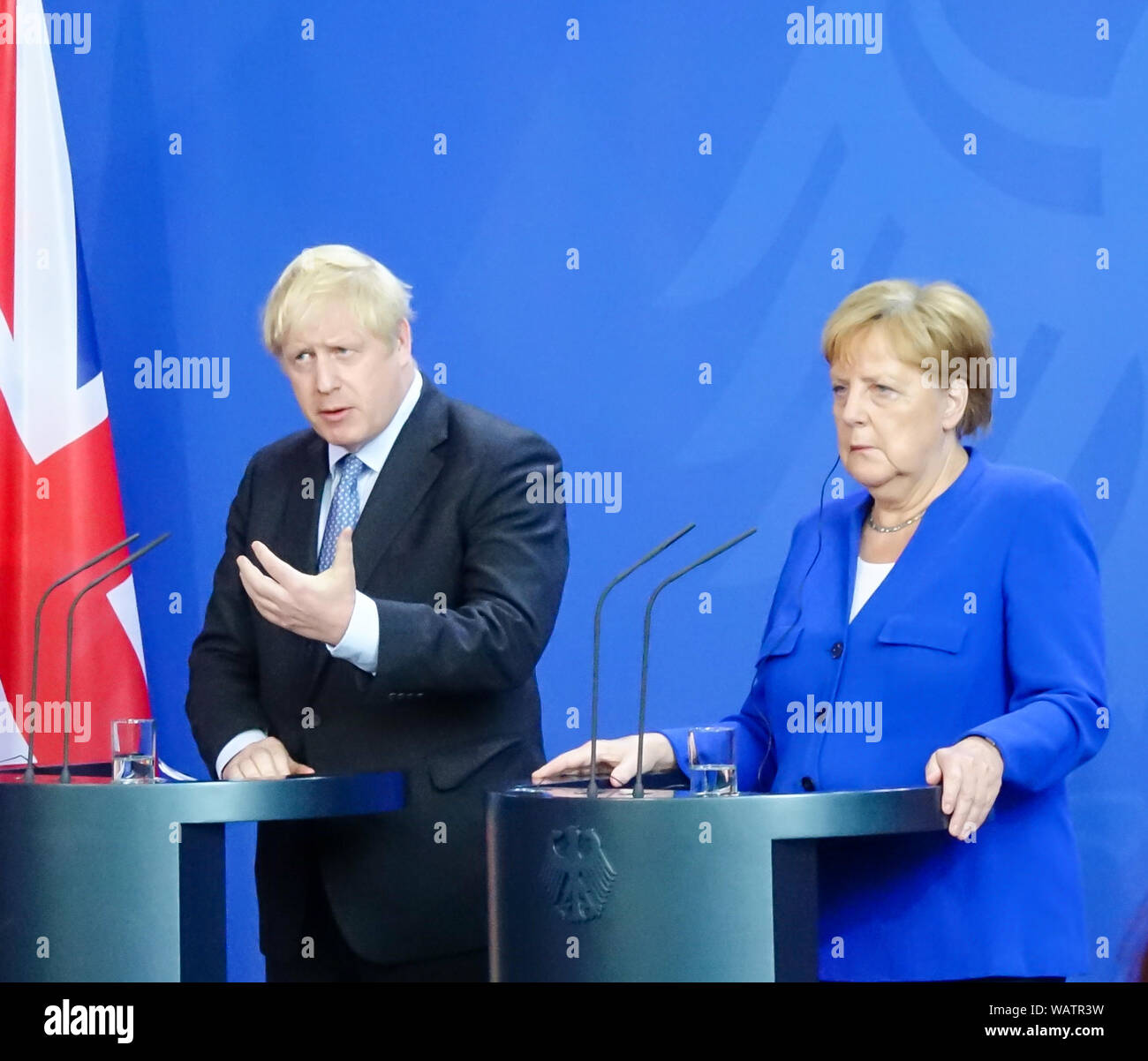British Prime Minister Boris Johnson and German Chancellor Angela Merkel hold a news conference on Brexit in Berlin Stock Photo