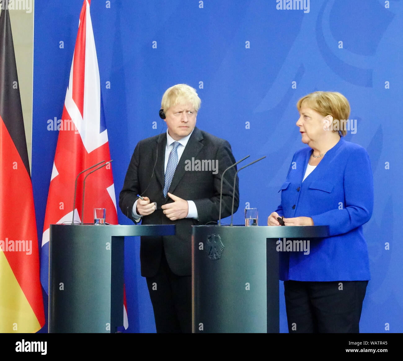 British Prime Minister Boris Johnson and German Chancellor Angela Merkel hold a news conference on Brexit in Berlin Stock Photo