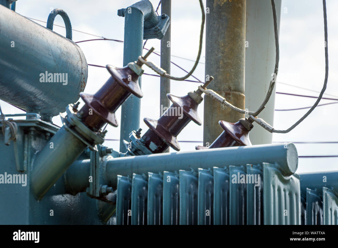 Power transformer in switchgear. transformer on the pole Stock Photo