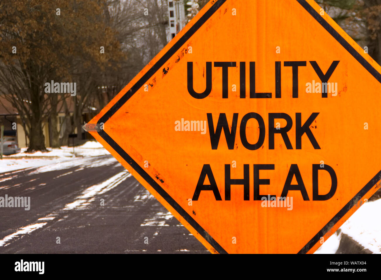 Utility work ahead road construction warning sign Stock Photo Alamy