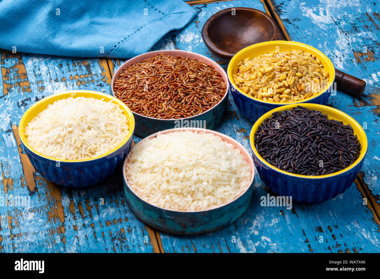 Different types of rice, white basmati, jasmine, arborio, brown and black, rice collection Stock