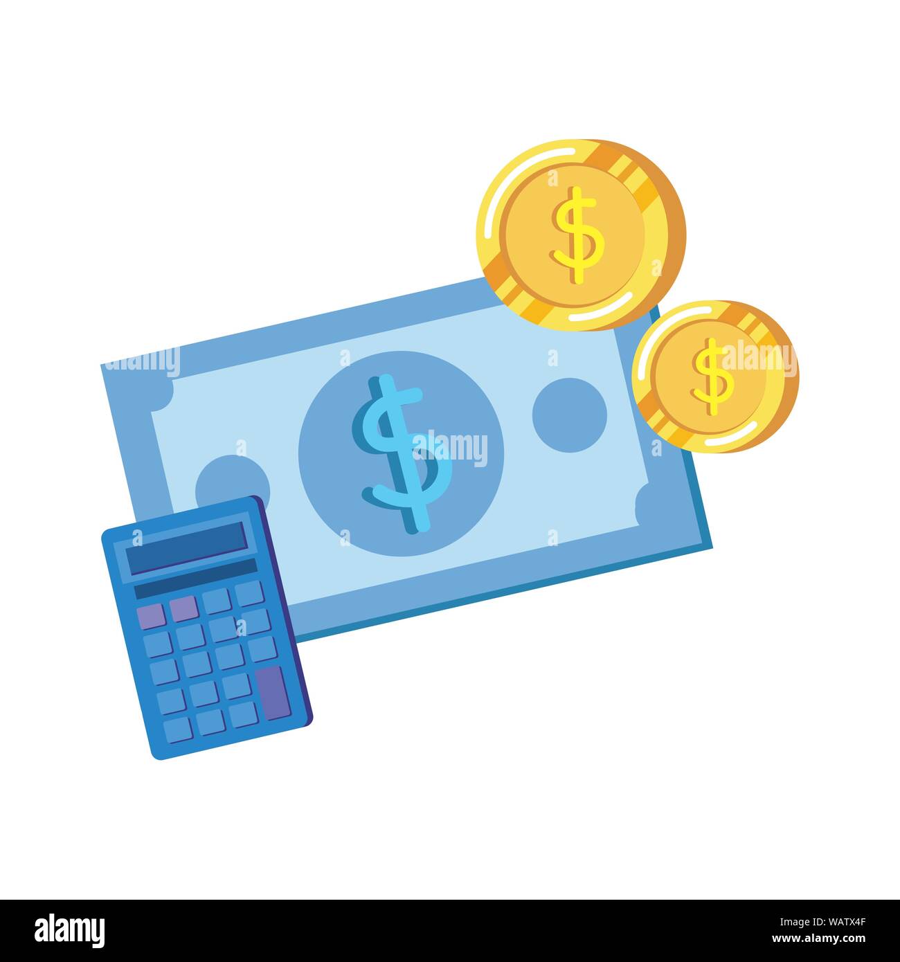 coins and bills money dollars with calculator Stock Vector