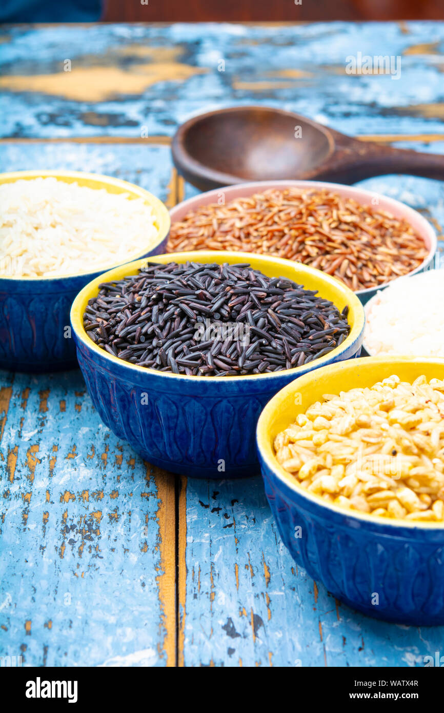 Different types of rice, white basmati, jasmine, arborio, brown and