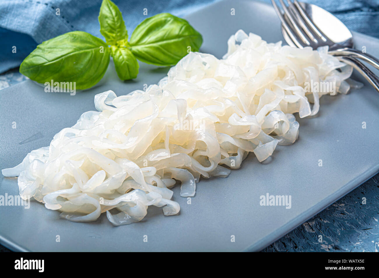 White konjac shirataki noodles, gluten free and no fat diet vegetarian and vegan Asian food close up Stock Photo