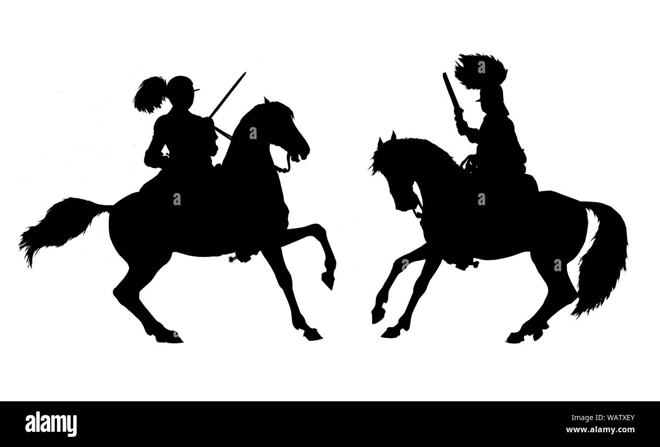 Mounted knights illustration. Mounted cuirassier from thirty years war. Historical silhouette drawing. Stock Photo