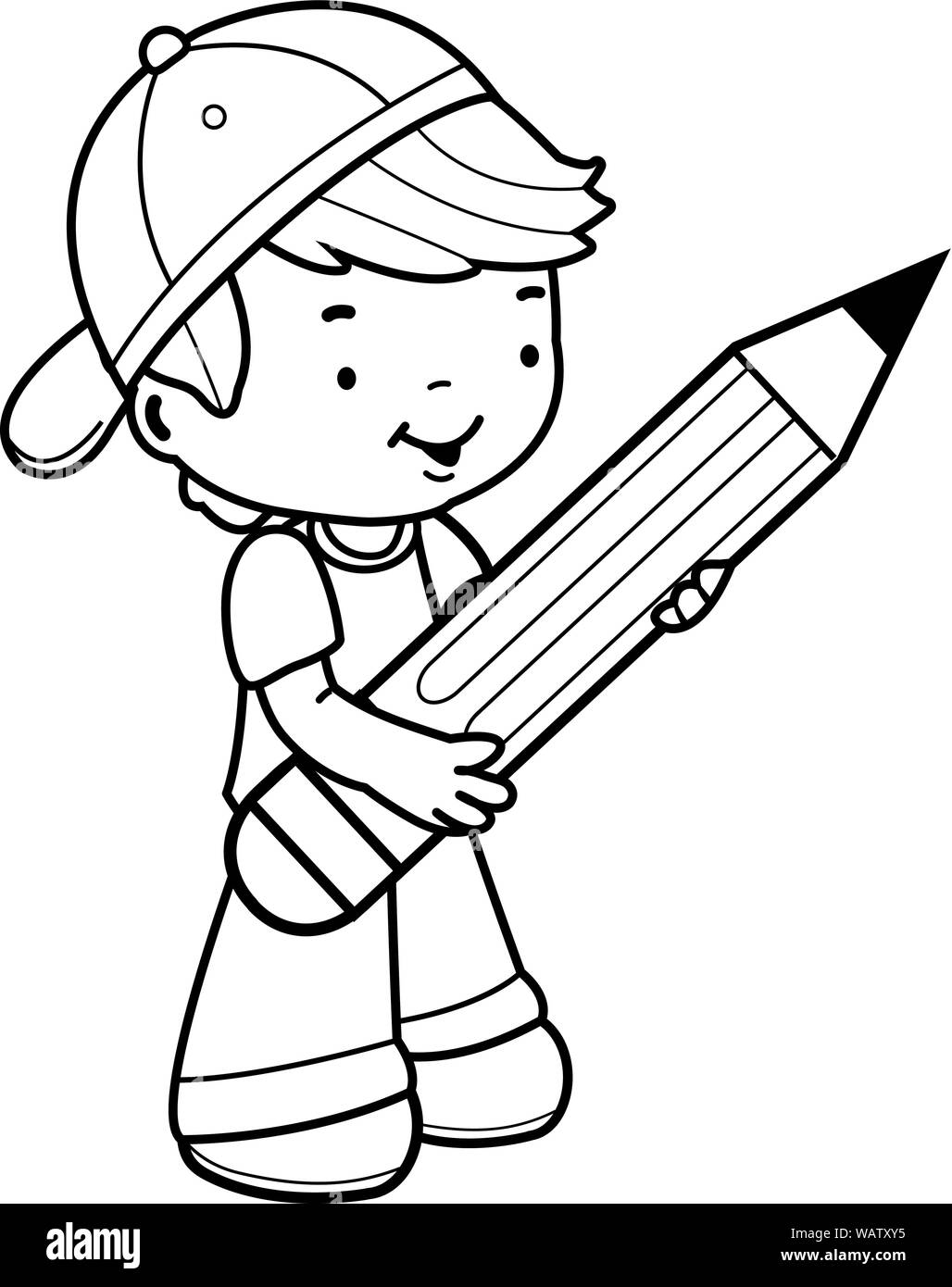 Little boy student holding a big pencil. Black and white coloring book page Stock Vector