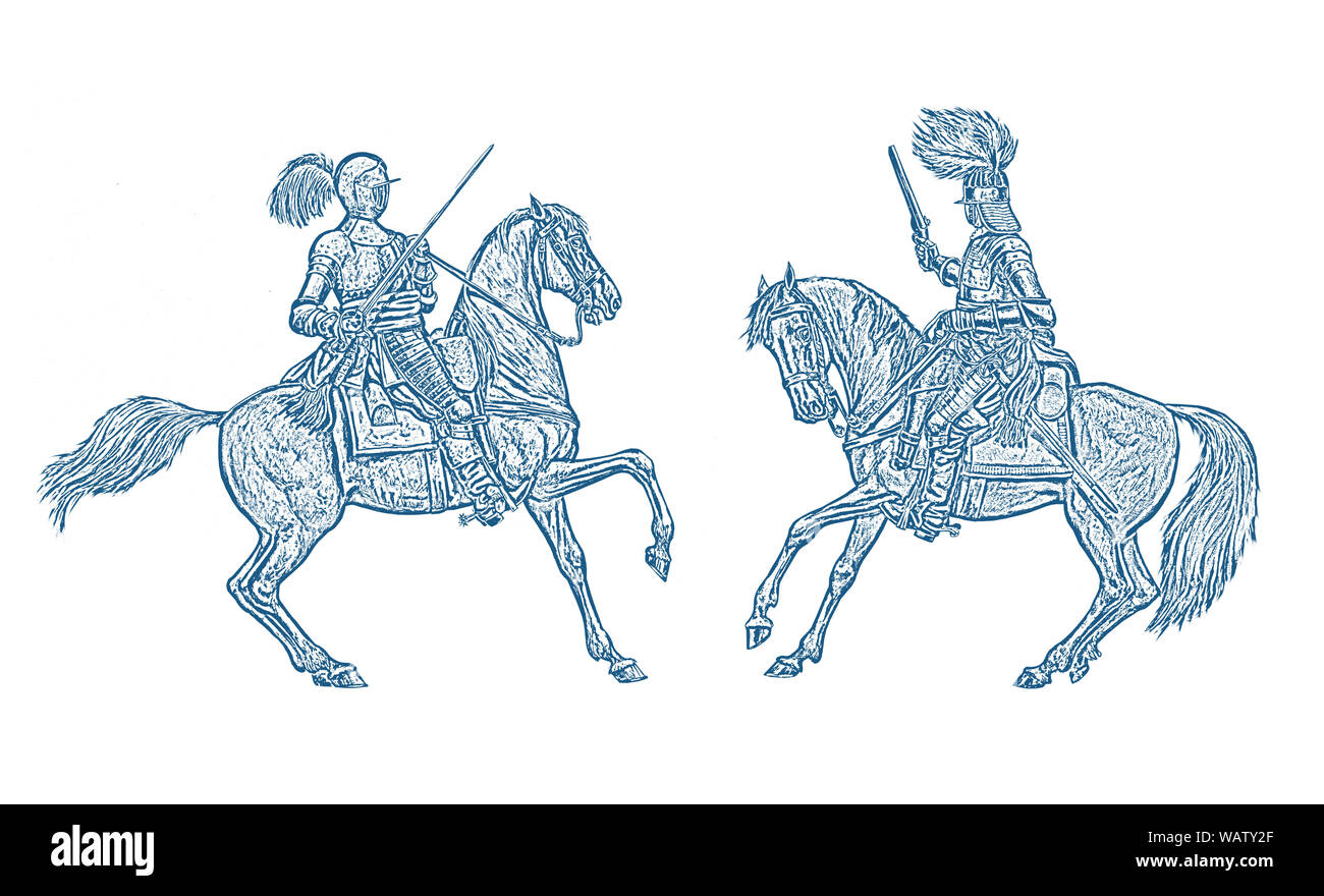 Mounted knights illustration. Mounted cuirassier from thirty years war. Historical drawing. Stock Photo