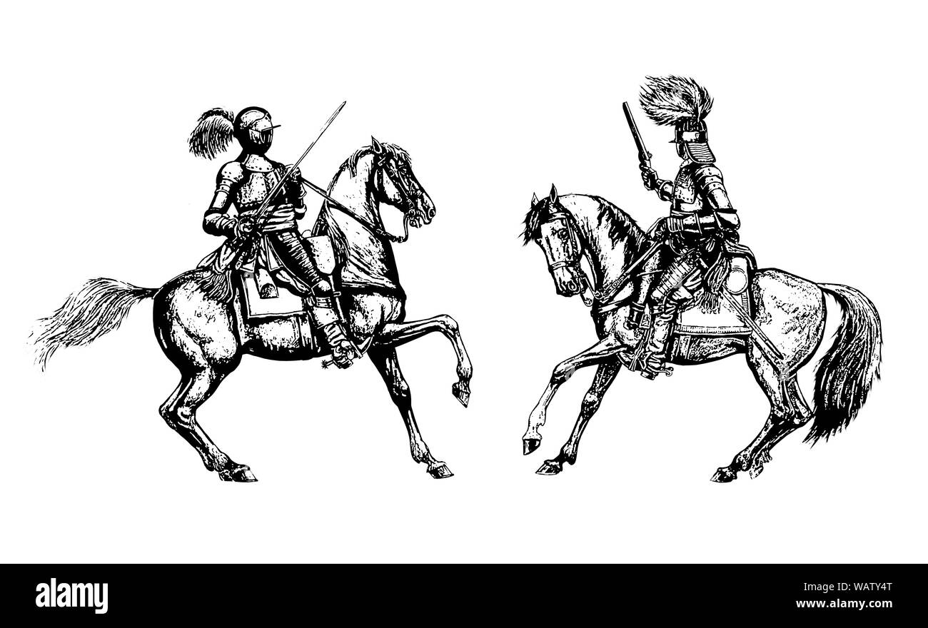 Mounted knights illustration. Mounted cuirassier from thirty years war. Historical drawing. Stock Photo