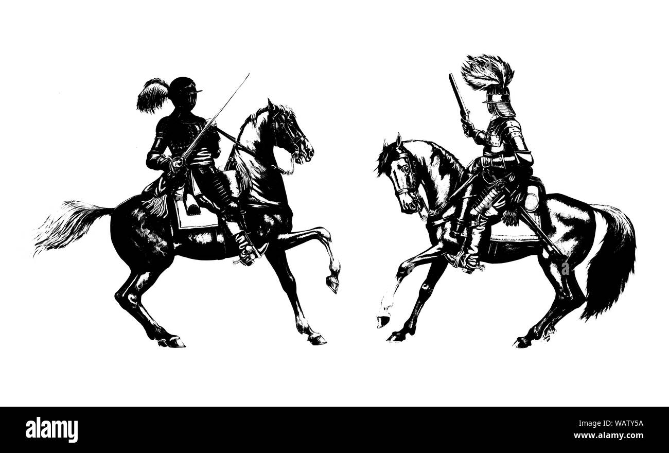 Mounted knights illustration. Mounted cuirassier from thirty years war. Historical silhouette drawing. Stock Photo