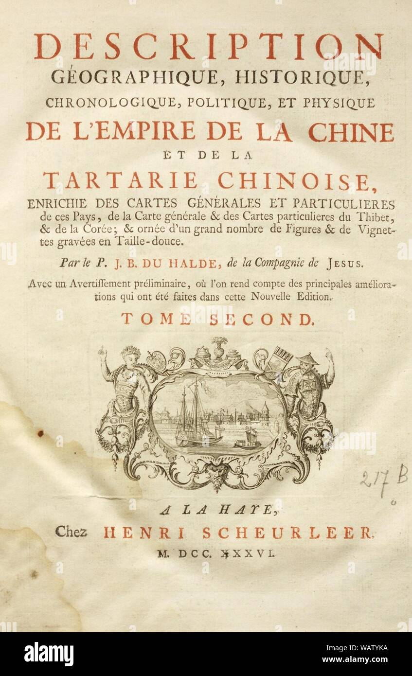 Du Halde - Description de la Chine - Tome Second - title page. Stock Photo