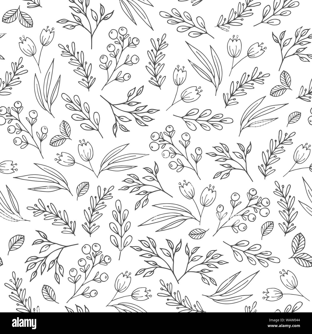 Floral seamless pattern with flowers, plants, berries. May be used as a coloring book Stock Photo