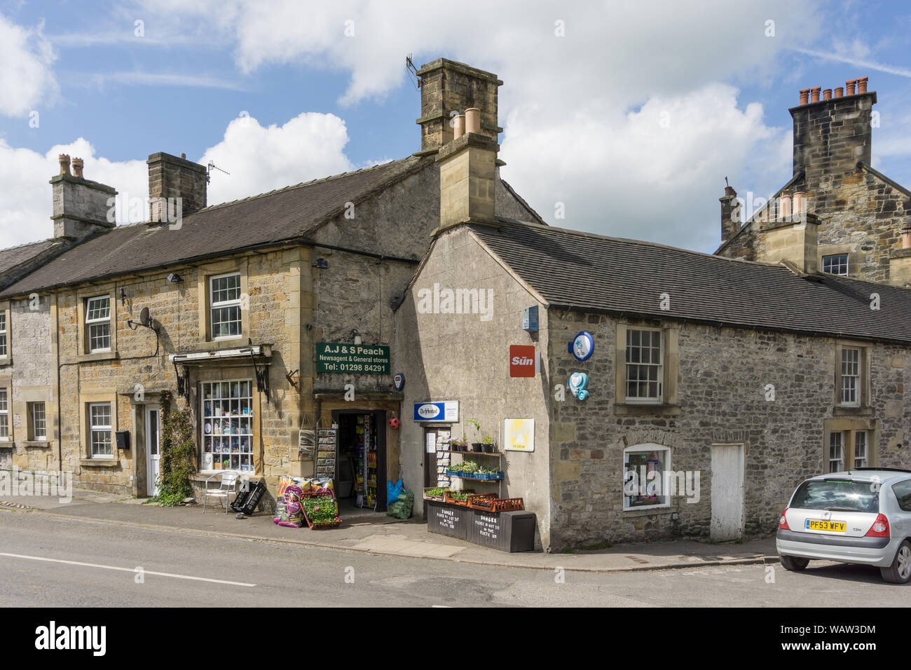 A J & S Peach,newsagent and general store, in the picturesque Peak District village of Hartington, Derbyshire, UK Stock Photo