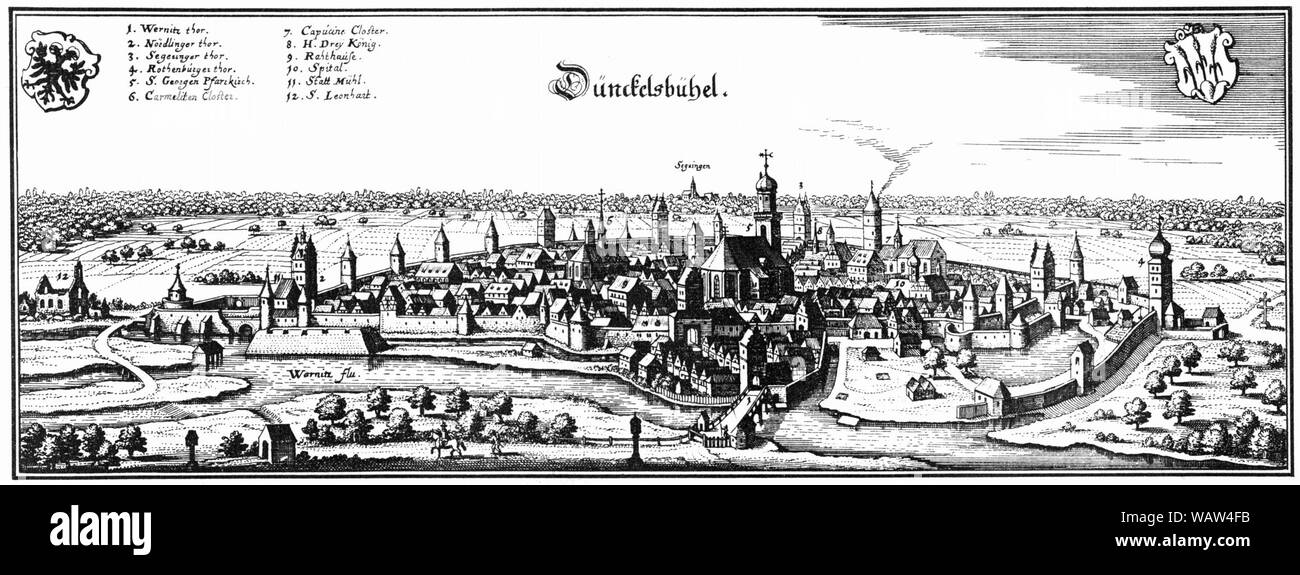 Duenckelsbuehl-1643-Merian. Stock Photo