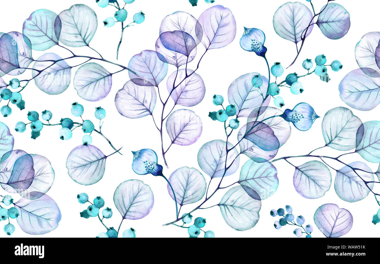 Transparent leaves watercolor seamless pattern. Hand drawn floral illustration with turquoise berries for wedding design, surface, textile, wallpaper Stock Photo
