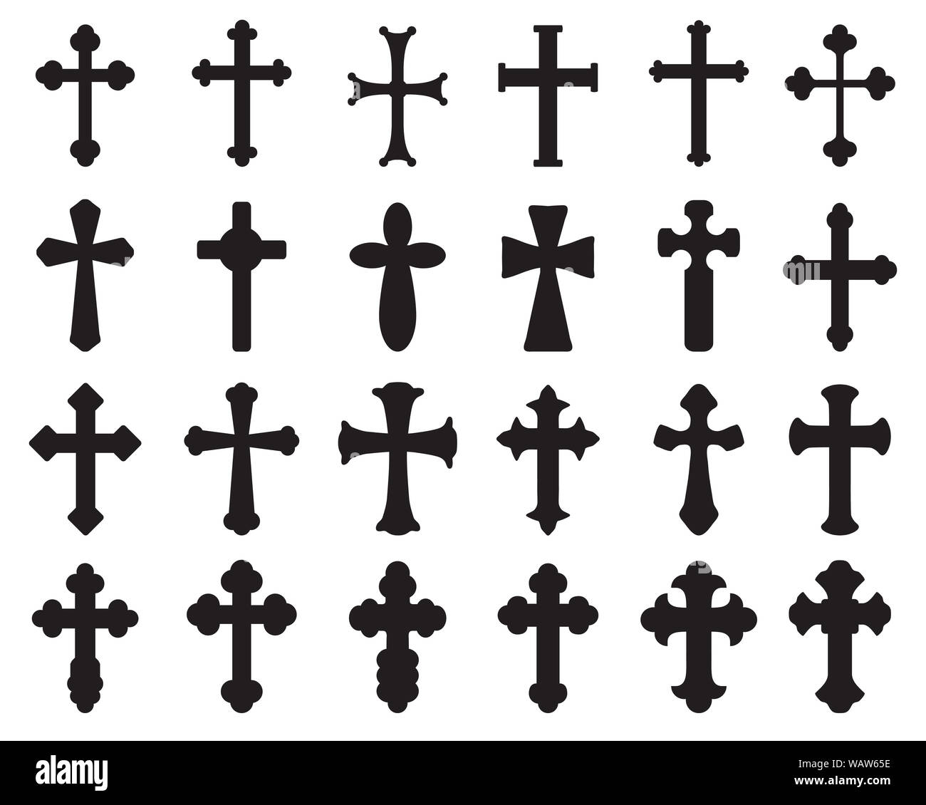 Big set of black silhouettes of different crosses, various religious symbols Stock Photo