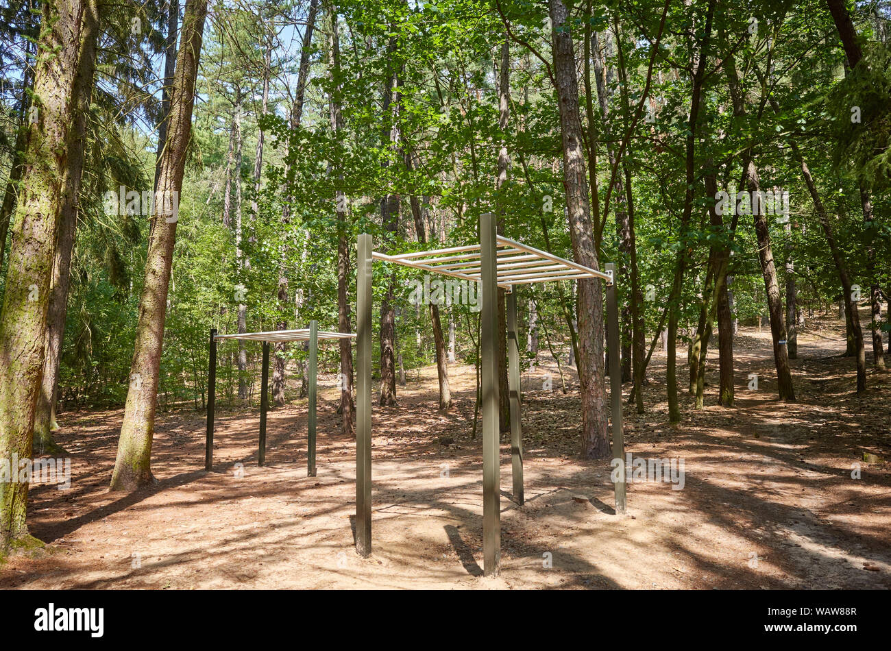 Pull up bars in a forest, outdoor gym equipment. Stock Photo