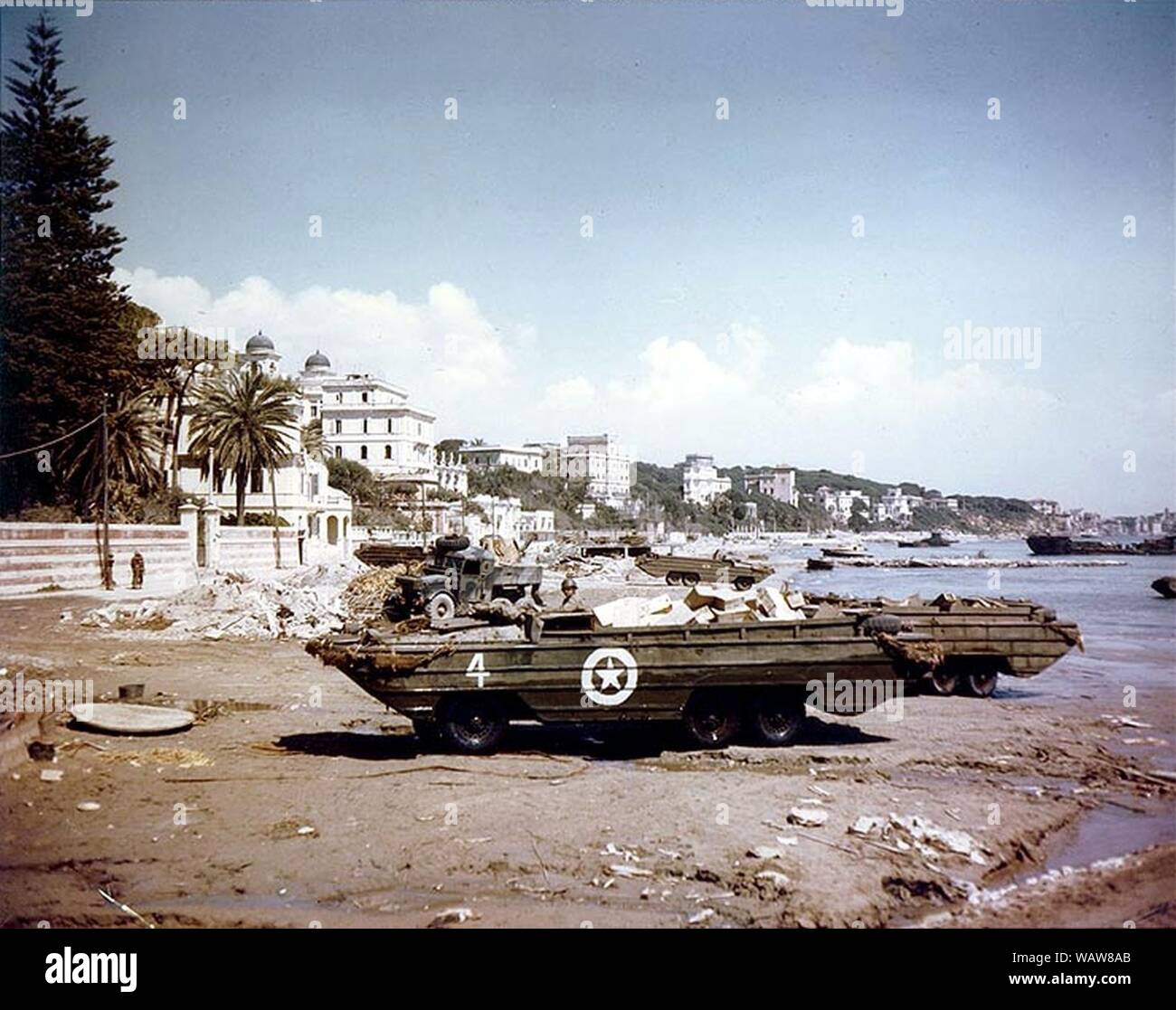 DUKW amphibious vehicles and Allied troops at Anzio beachhead