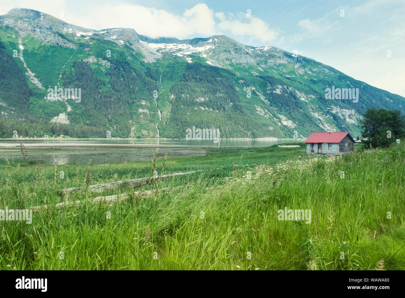 Scenic Landscape With Grass Field, Old Wooden House, River And High