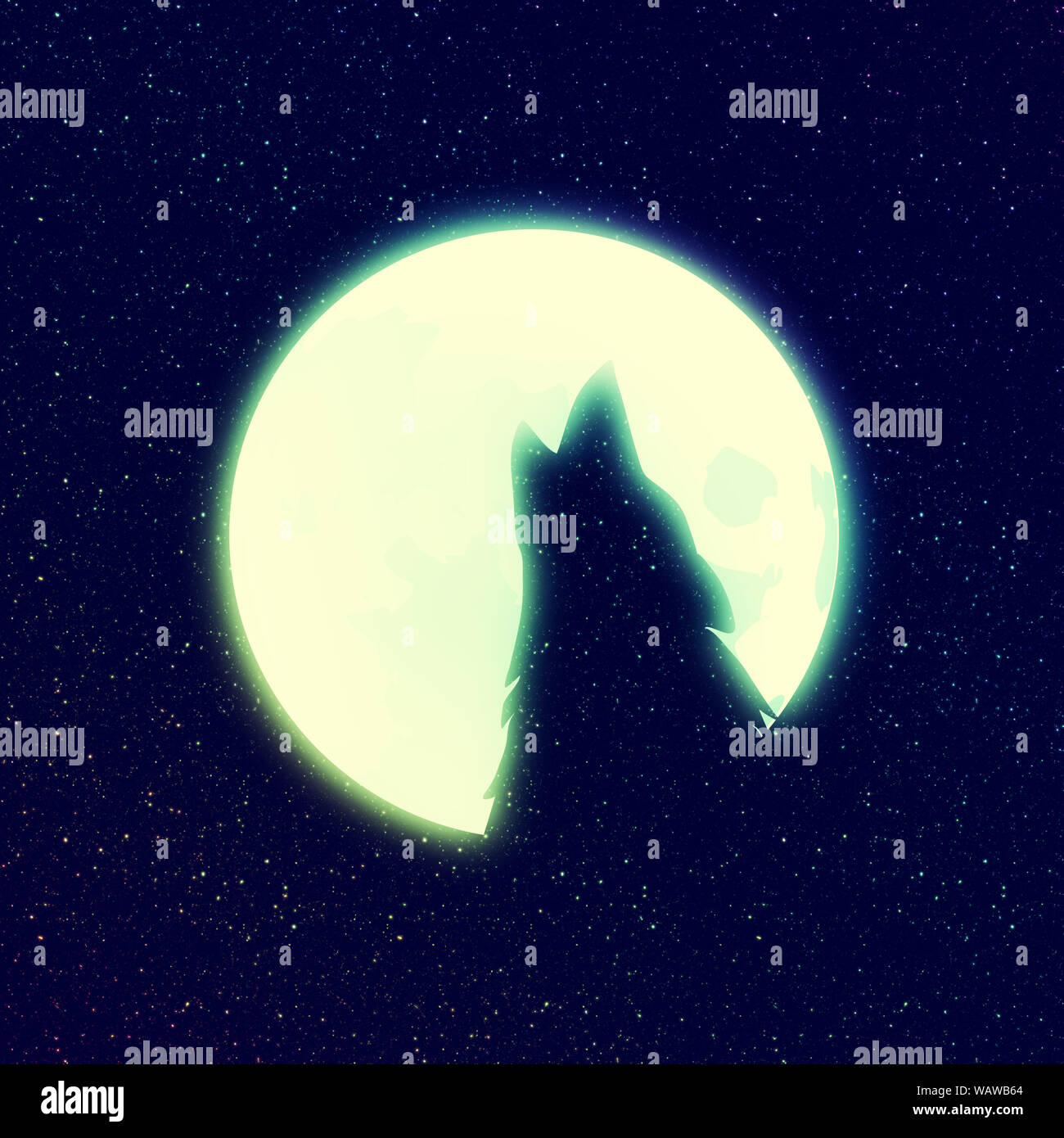 Lone wolf howling at the moon against starry sky, stylized illustration ...