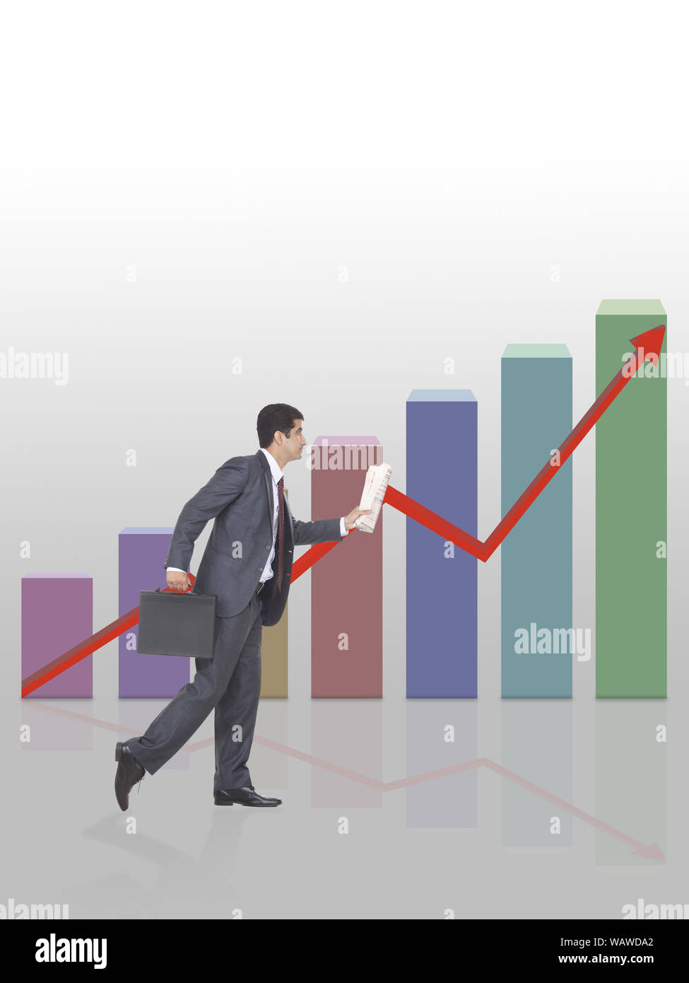 Businessman running with briefcase in front of bar graph rising upward ...