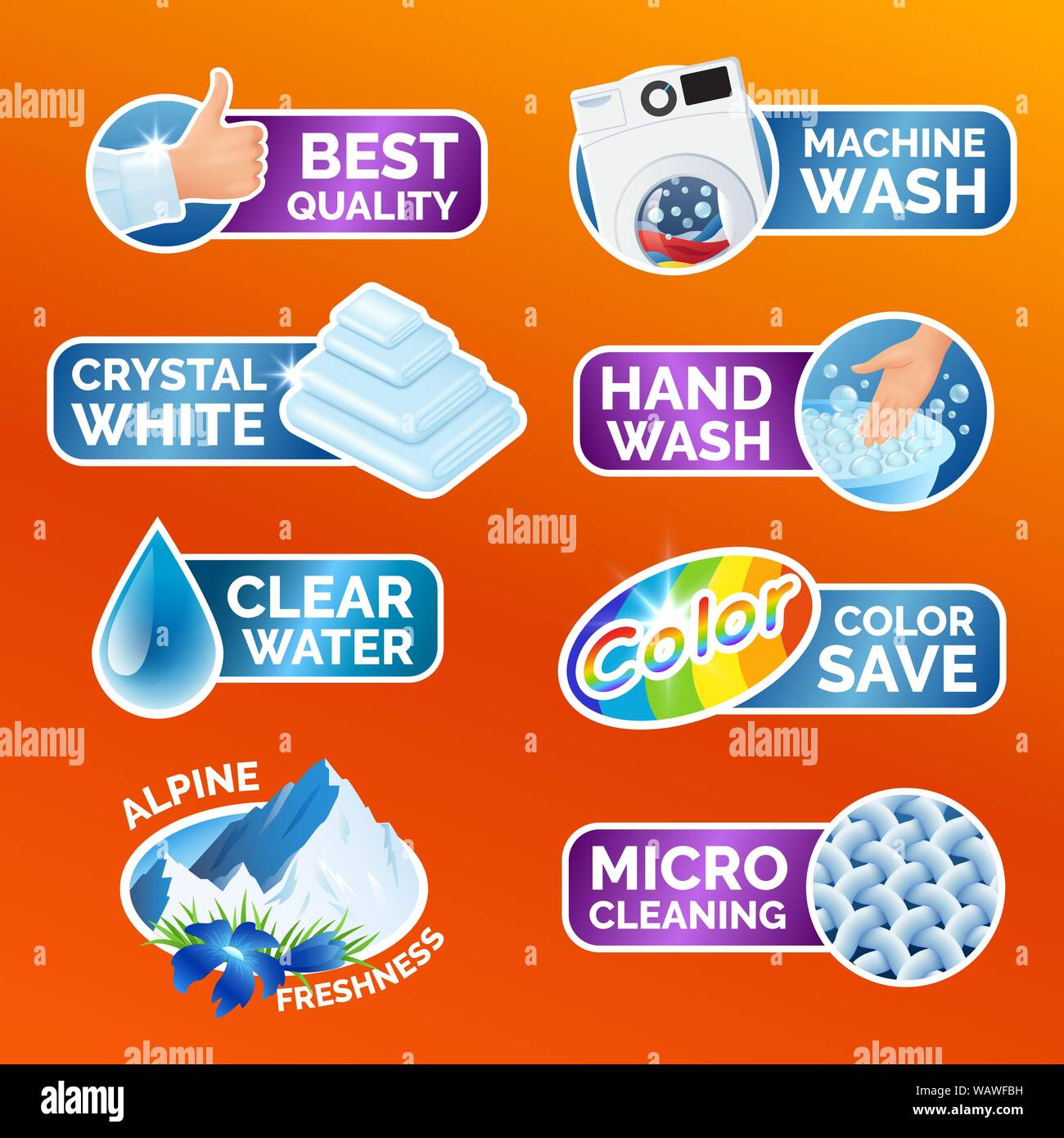 All washing clothes stickers set - micro cleaning, clear water, best quality, crystal white, alpine freshness, color, machine and hand wash Clean Stock Vector