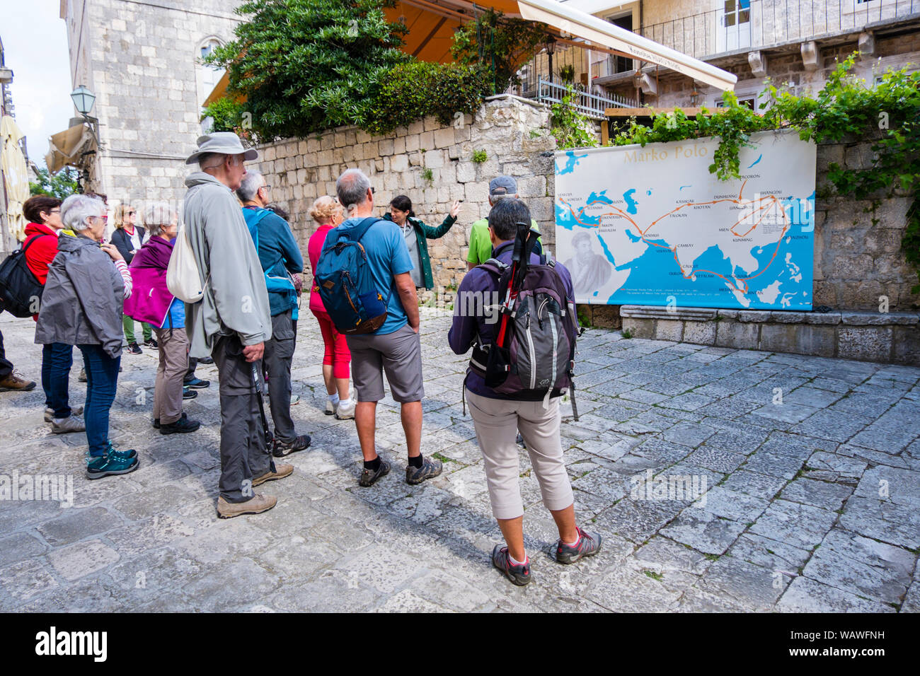 Guided tour group in front of a map showing Marco Polo's travels, Old town, Korcula town, Korcula island, Dalmatia, Croatia Stock Photo