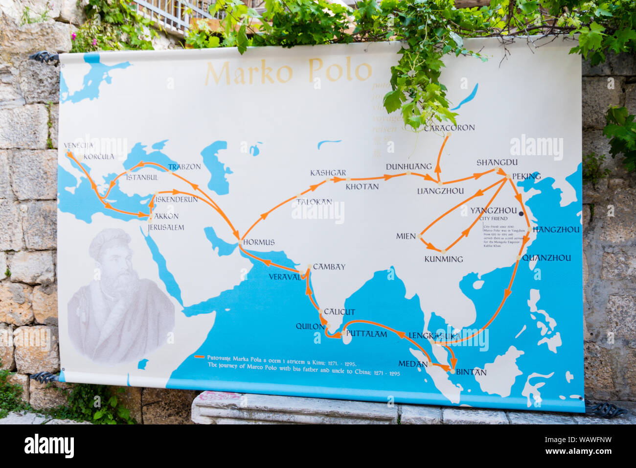 Map showing Marco Polo's travels, Old town, Korcula town, Korcula island, Dalmatia, Croatia Stock Photo