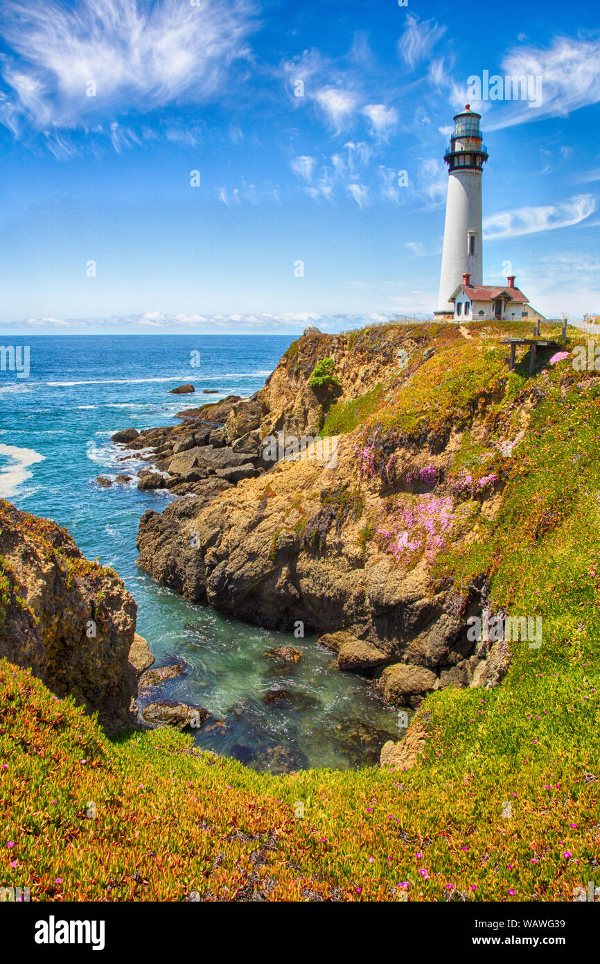 The lighthouse at Pigeon Point along the California Coast. Stock Photo
