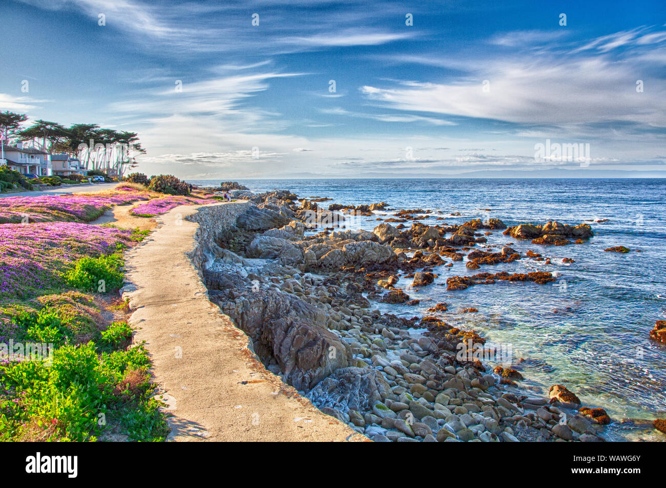 Pacific Grove, California's walkways and parks along the beach make for a relaxing stroll. Stock Photo