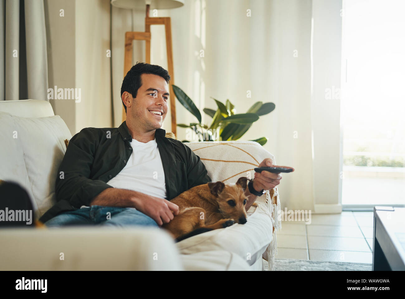 Relaxed Man Lying With His Dog On Sofa Watching Tv In Living Roo