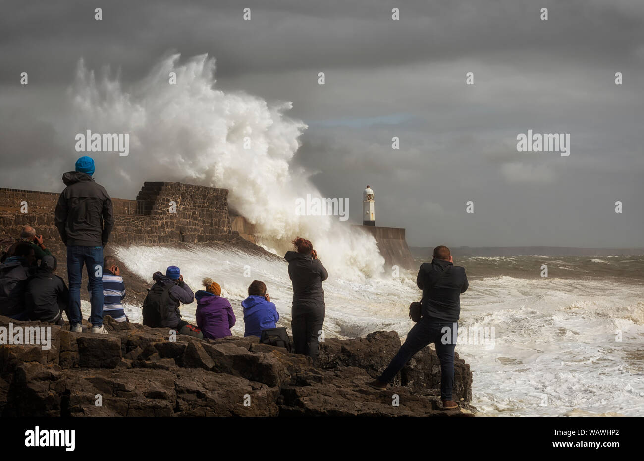 Photographers at Porthcawl lighthouse Stock Photo